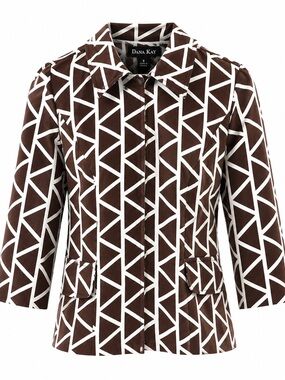 Dana Kay Womens Brown & White Geometric Print Jacket Zip Front Size 8 Cotton